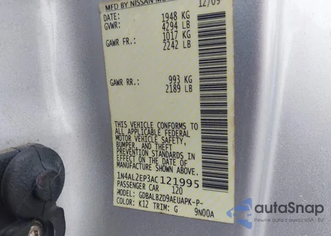 2010 Nissan Altima 2.5 S z USA, uszkodzony, nr VIN 1N4AL2EP3AC121995